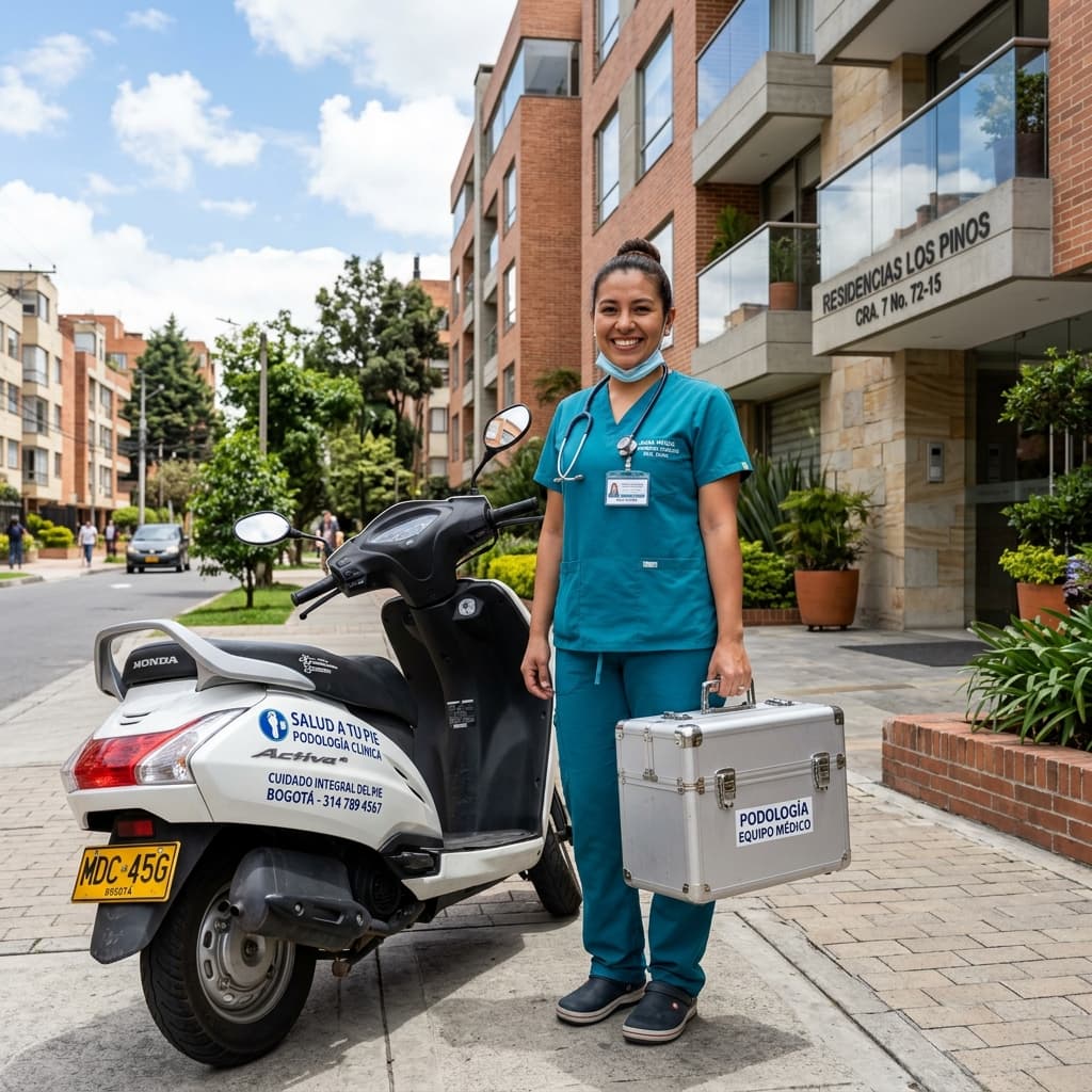 Profesional de podología llegando a domicilio con maletín de atención