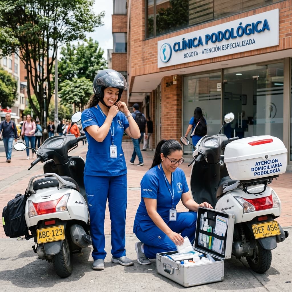 Equipo de enfermeras podólogas en Bogotá preparadas con sus motos de servicio