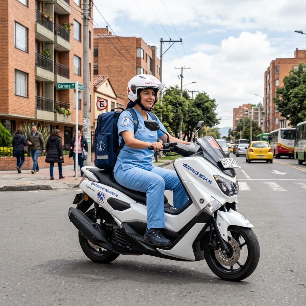 Enfermera podóloga en moto transitando por las calles de Bogotá para atención a domicilio